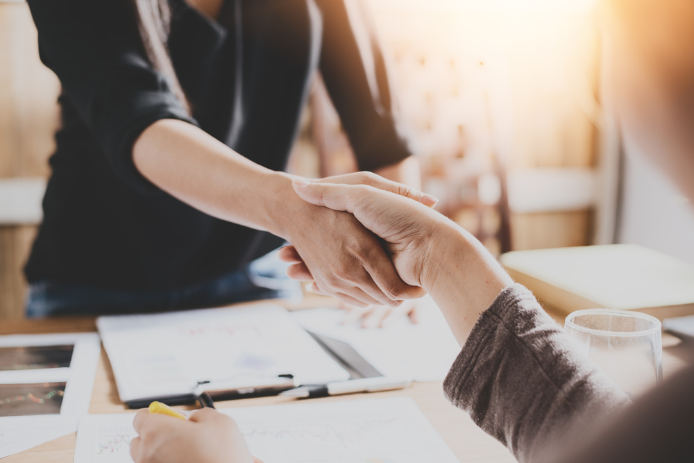 View of woman shaking hands with man.