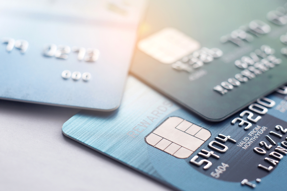 Closeup view of several credit cards.