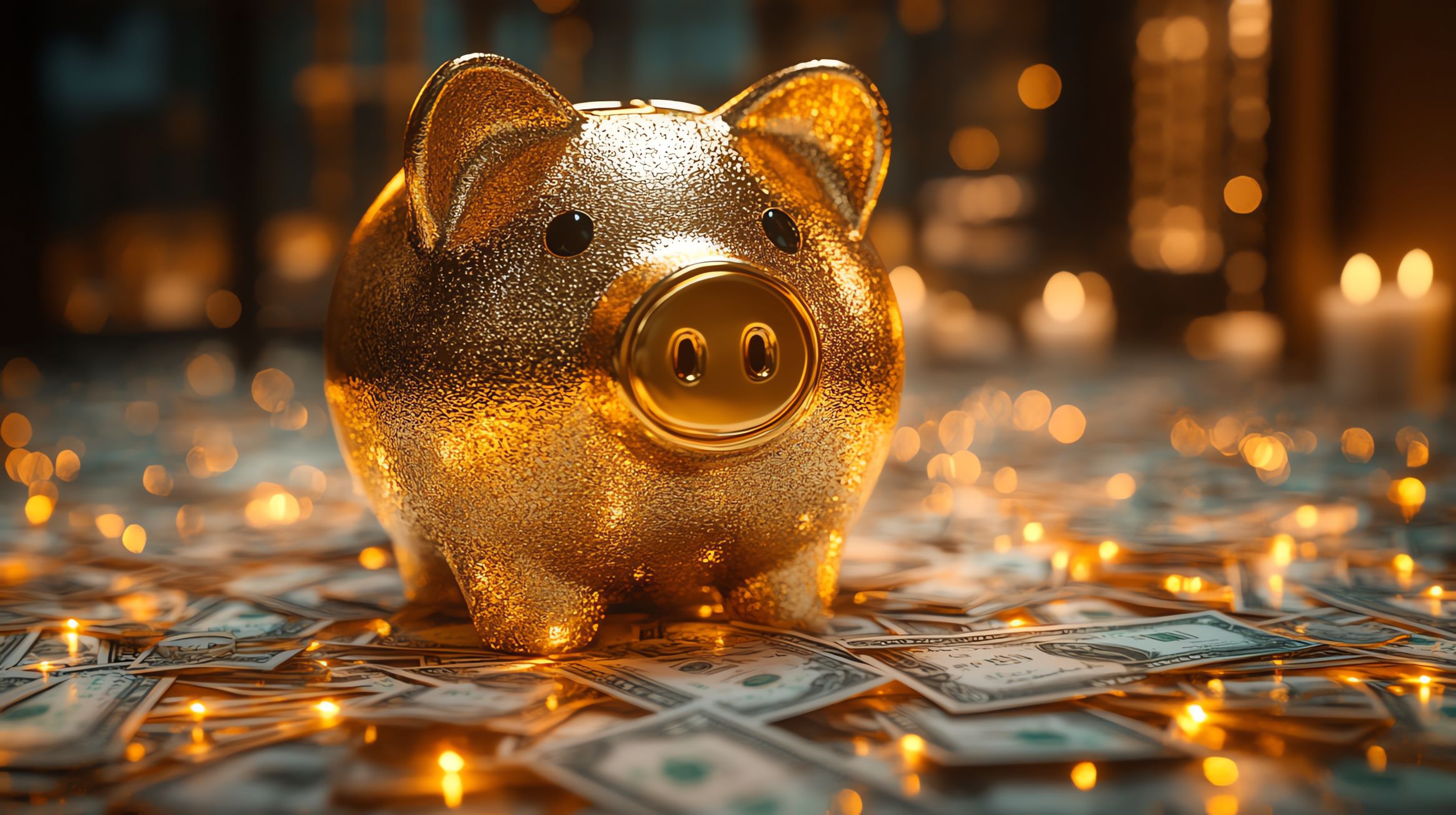 Golden piggy bank atop lots of sparkling cash.