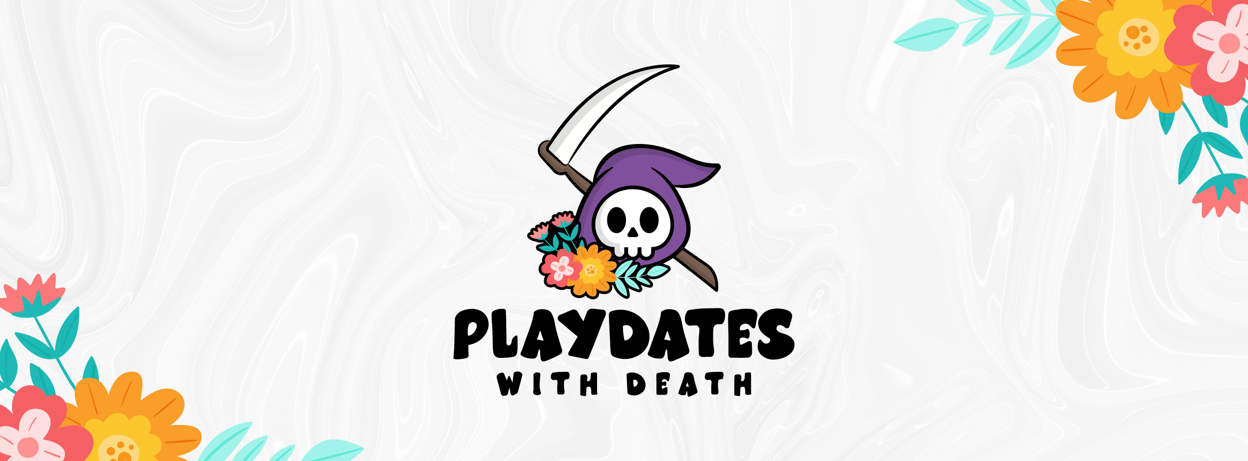 Playdates with Death logo, an illustrated grim reaper surrounded by colorful flowers.